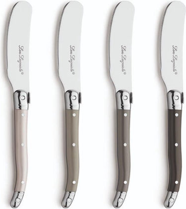 Lou laguiole – 4-delige botermessenset – in houten kistje - mix van authentieke kleuren (peper, grijs, parelmoer, taupe) – 16 cm – vaatwasmachinebestendig - botermesje