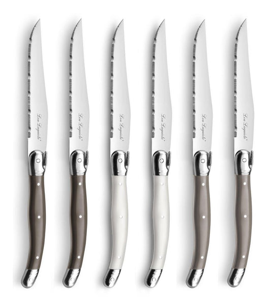Lou laguiole - 6 steakmessen mixed bruin parelmoer en taupe - inclusief houten blok - vaatwasmachinebestendig