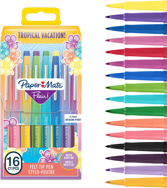 Paper mate flair-viltstiften | medium punt (0,7 mm) | diverse tropische-vakantiekleuren | etui met 16 stuks