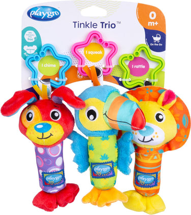 Playgro tinkle trio- hangspeeltjes - kinderwagenspeeltjes - rammelaar - kinderwagenaccessoire - buggyaccessoire- educatief speelgoed - knuffeldier - knijpspeelgoed baby - ontwikkelingsspeelgoed baby - zacht baby speelgoed 3 stuks