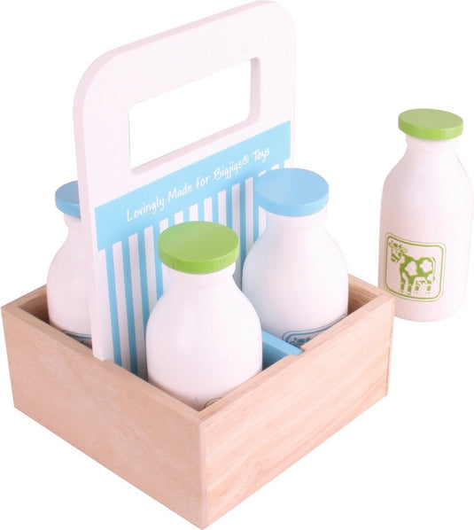 Bigjigs boodschappen - zuivel - in krat | houten speelgoed melkflessen voor winkel of keuken