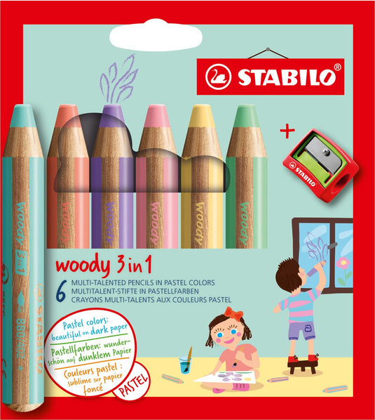 Stabilo woody 3 in 1 pastel - multi talent kleurpotloden - etui met 6 kleuren puntenslijper