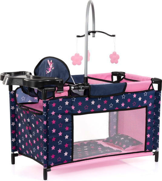 Bayer design - poppenbed met geïntegreerde kinderstoel, kastcompartiment, mobiel, kussen, dekbed, poppenaccessoires in blauw met sterren