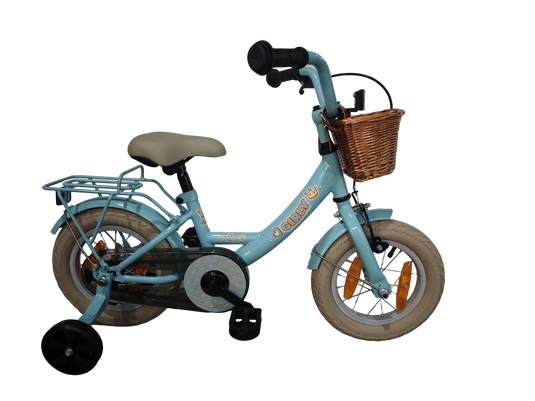 Bikefun kinderfiets girly 12 inch - met mandje, zijwieltjes en remnaaf - blauw