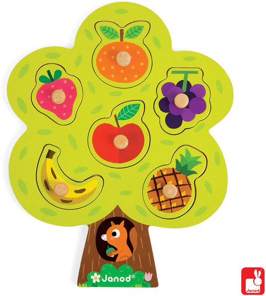 Janod knoppuzzel - fruitboom - houten puzzel met 6 stukjes - de houten pinnen op elk stuk maken het makkelijk om deze vast te pakken - geschikt vanaf 18 maanden