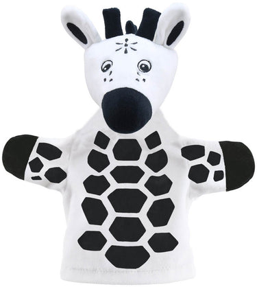 The puppet company handpop giraffe zwart-wit voor baby's en peuters.