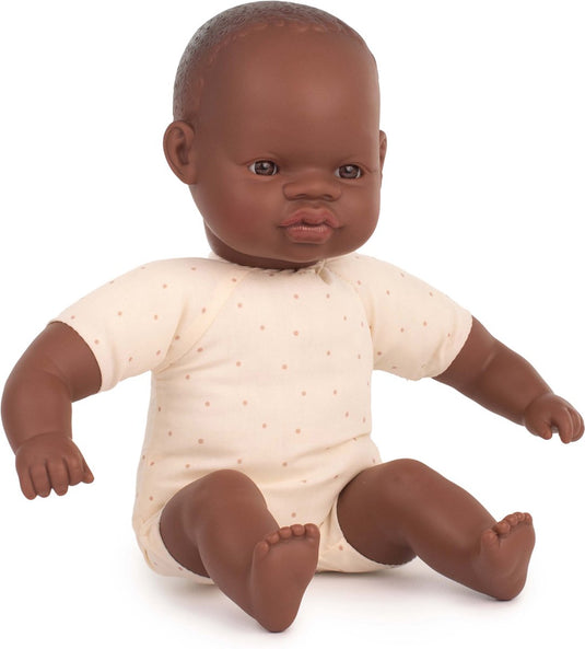 Miniland babypop met stoffen lijfje - afrikaans 32cm - met vanillegeur - waterdicht - 10 maanden