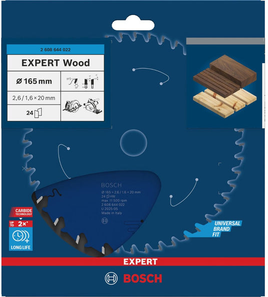 Bosch cirkelzaagblad - expert wood - 165 x 20 x 2,6 mm - t24 - 2608644022