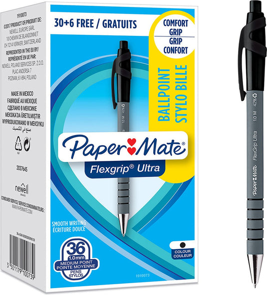 Paper mate flexgrip ultra balpennen | intrekbare medium punt (1,0 mm) | zwart | 36 stuks