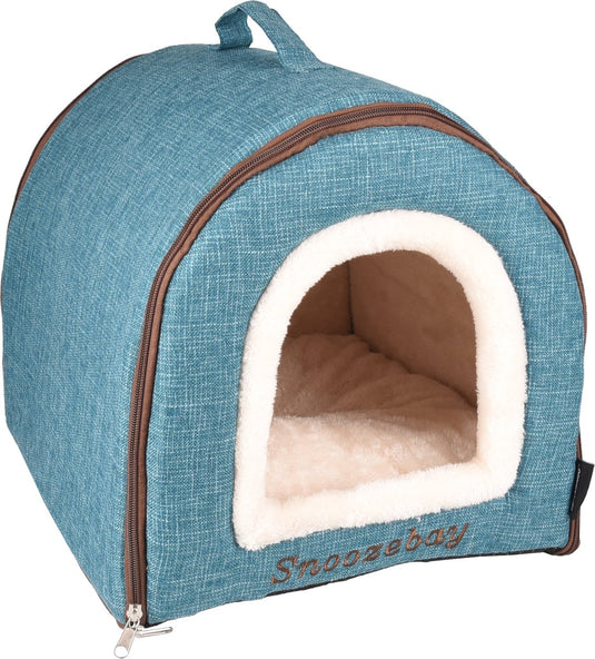 Flamingo kattenbed – katten slaapmand – kattenhuis – kattenhol – cat cave – blauw crème bruin, 45 x 35 x 35 cm – slaapplaats snoozebay
