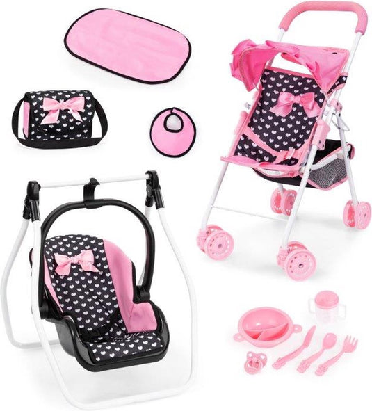 Bayer design opvouwbare poppenbuggy, poppenwagen, dubbele wielen, tas, aankleedkussen, wieg, accessoires