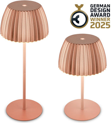 B.k.licht briloner champ - oplaadbare tafellamp - snoerloze lamp - met touch dimbaar - voor binnen en buiten - german design award winner 2025 - koper - ø14,5 x 36,5 cm