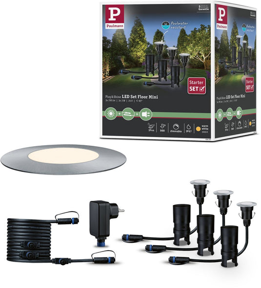 Paulmann plug shine led-grondinbouwlamp floor mini basisset ip67 3000k 3x2,5w 21va zilver
