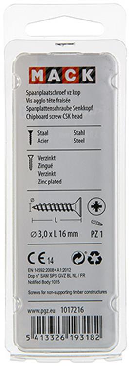 Mack 1017216 - spaanplaatschroef vz kop geelverz.50 st 3,0 x 16 mm | 10 stuks