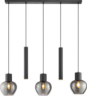 Brilliant ligari - hanglamp - 5-lichts - balk 123 cm - e27 max 3x20w gu10 max 2x10w - zwart smoke