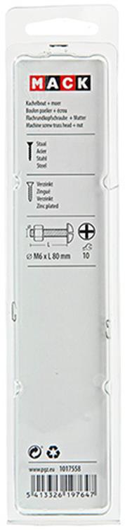 Mack 1017558 - kachelbout + moer staal verzinkt 4 st m6 x 80 mm | 5 stuks