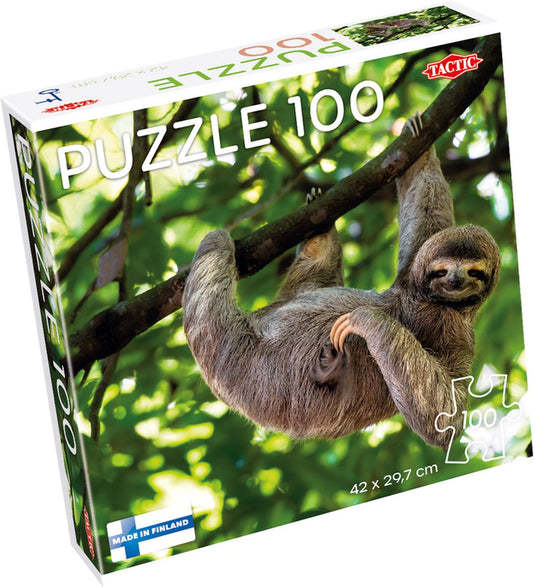 Tactic sloth hanging on tree – puzzel – 100 stukjes – rustige dierenillustratie met luiaard – strak en rustgevend ontwerp – hoogwaardige scandinavische kwaliteit