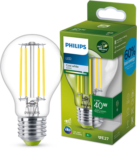 Philips led philips ultraefficient led lamp - transparant - 40w - e27-fitting - koelwit licht: 4000k - bespaar op energiekosten