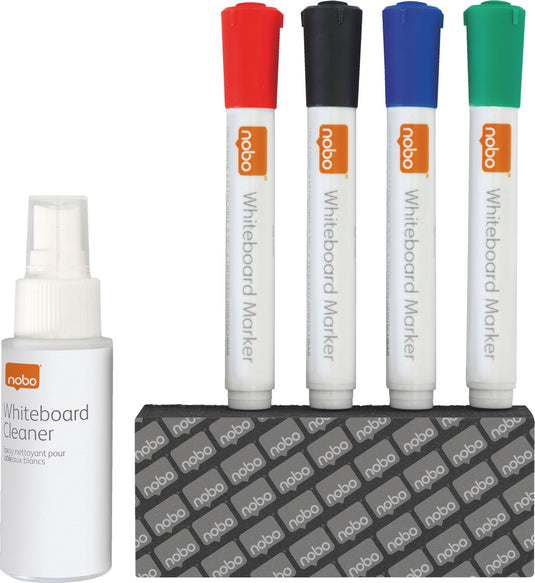 Nobo whiteboard droog reiniging starterkit - 1 spray - 4 stiften - 1 wisser