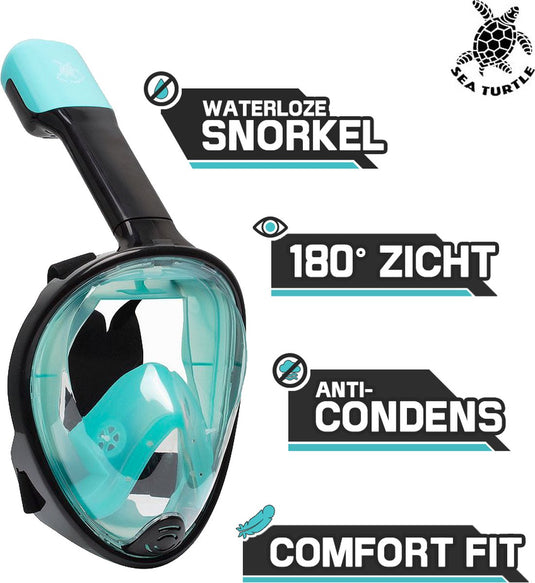 Sea turtle snorkelmasker - snorkel - duikbril - snorkelset - full face masker - volwassenen - zwart turquoise - s m