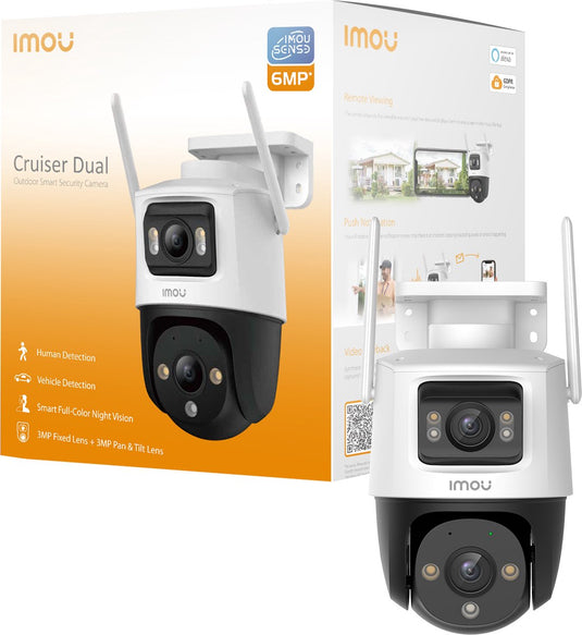 Imou cruiser dual 6mp - beveiligingscamera voor buiten - wit - camera met dubbele lens (2 x 3mp) - 360° dekking - accurate persoons- en voertuigdetectie - met kleurennachtzicht - sirene - ip66 weerbestendig