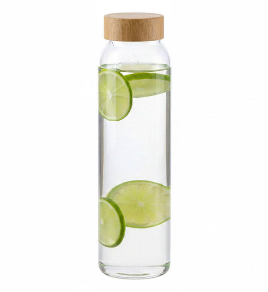 Alpina glazen waterfles drinkfles sportfles - helder transparant - met bamboe dop - 1000 ml
