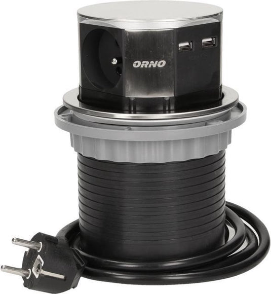 Orno pop-up stekkerdoos - verdeelstekker 3 -voudig - stekkerblok met twee usb-a laadpunten - rvs inox