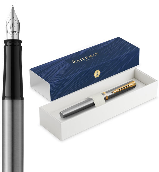 Waterman impression vulpen | medium vulpunt met blauwe inktvulling | roestvrij staal met goudkleurige afwerking | geschenkdoos