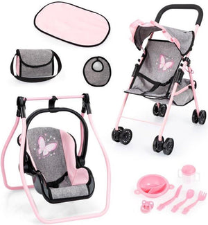 Bayer design opvouwbare poppenbuggy, poppenwagen, dubbele wielen, tas, aankleedkussen, wieg, accessoires in jeans-grijs, roze
