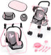 Bayer design opvouwbare poppenbuggy, poppenwagen, dubbele wielen, tas, aankleedkussen, wieg, accessoires in jeans-grijs, roze
