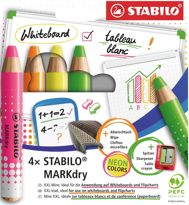 Afbeelding laden in galerijviewer, Stabilo markdry neon set van 4 whiteboard potloden, puntenslijper en reinigingsdoekje
