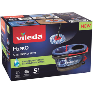 Afbeelding laden in galerijviewer, Vileda h2pro spin mop-systeem, complete set met spinmop en emmer met pedaalpers, twee gescheiden waterreservoirs, schoon water bij elke spoeling

