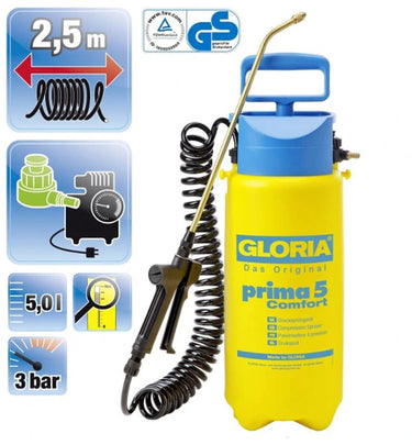 Gloria haus und garten 000091.0000 prima 5 comfort drukspuit 5 l compressoraansluiting, spiraalslang