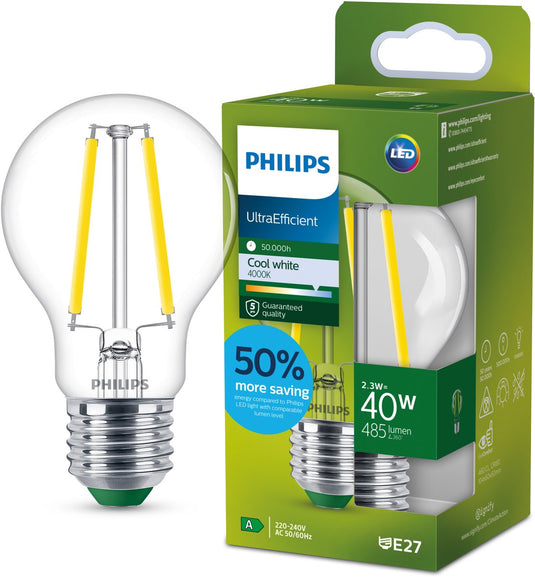 Philips led philips ultraefficient led lamp - transparant - 40w - e27-fitting - koelwit licht: 4000k - bespaar op energiekosten