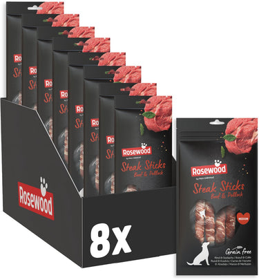 Rosewood steak sticks rund koolvis medium - kauwstaven voor honden - met runderhuid - graanvrij - zonder kunstmatige toevoegingen - 8 zakjes à 90g