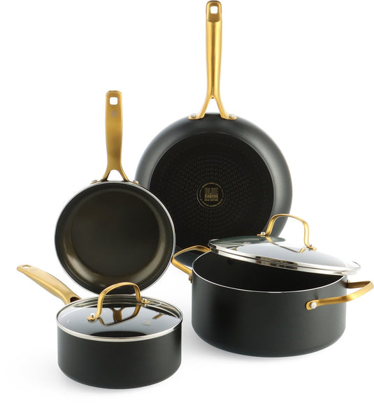 Blue diamond gold edition keramische inductie pannenset 6-delig - 20 24 28cm - pfas-vrij - inductie koekenpan - ovenbestendig tot 220°c - vaatwasserbestendig - met deksels - gerecycleerd aluminium - zwart