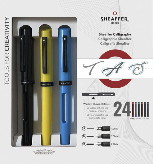 Sheaffer kalligrafiepen - zwart, blauw, geel maxi - penpunt f m b