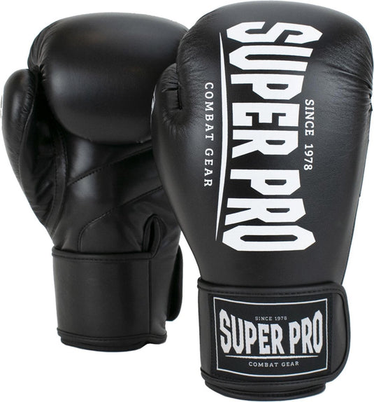 Super pro combat gear champ (kick)bokshandschoenen zwart wit 14oz