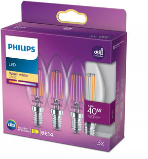 Philips led lamp - kaarslamp met e14 fitting - warmwit licht: 2700k - 40w - helder glas - 3-pack