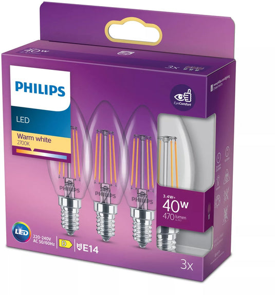 Philips led lamp - kaarslamp met e14 fitting - warmwit licht: 2700k - 40w - helder glas - 3-pack