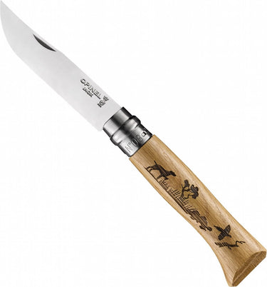 Opinel no.08 dog engraved zakmes rvs hout