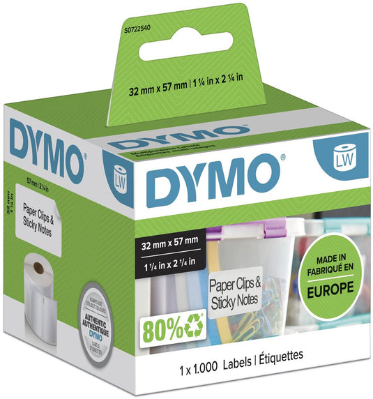 Dymo originele labelwriter multifunctionele labels | 57 mm x 32 mm | 1000 zelfklevende etiketten | geschikt voor de labelwriter labelprinters | gemaakt in europa