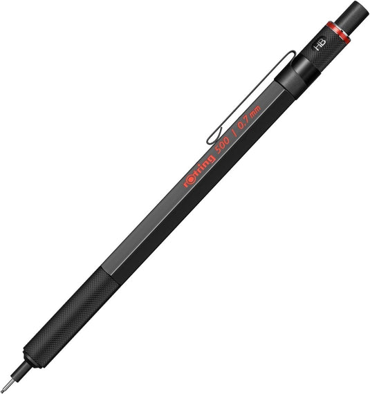 Rotring 500 vulpotlood | 0,7 mm hb-stift | zwarte zeshoekige kunststof behuizing en antislip getextureerde metalen grip