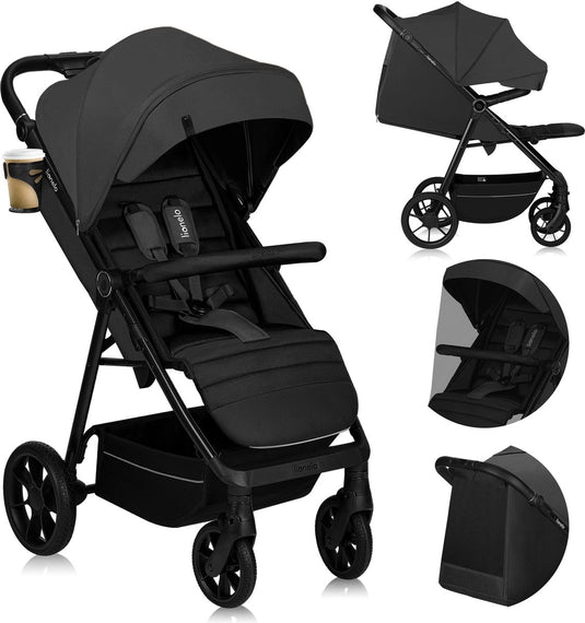 Lionelo mira - kinderwagen - wandelwagen - voor kinderen tot 22 kg - voorwielen 360° - verstelbare rugleuning handgreep - waterdichte xxl luifel met upf50+ - 5-puntsgordel - grote off-road wielen - volledige schokdemping - compact opvouwbaar