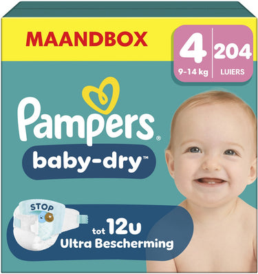 Pampers baby-dry maat 4 - 204 luiers - 9kg-14kg - maandbox