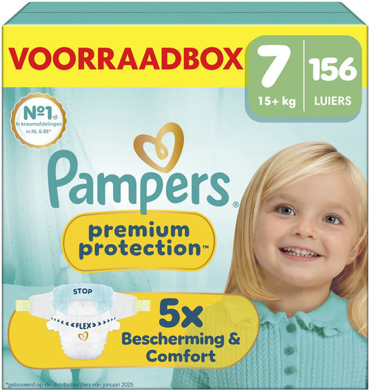 Pampers premium protection maat 7 - 156 luiers - 15kg+ - voorraadbox