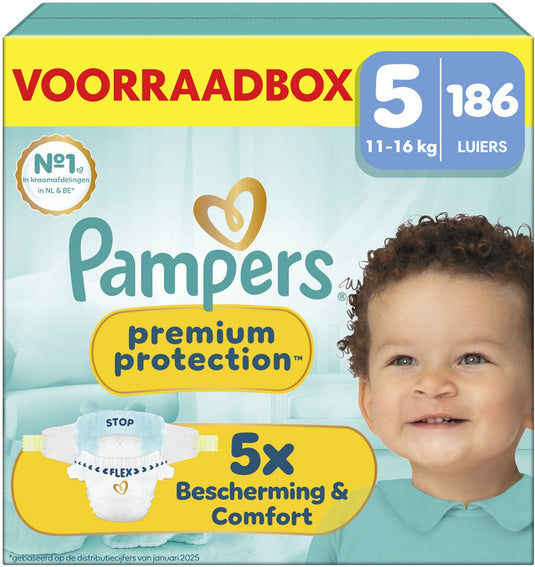 Pampers premium protection maat 5 - 186 luiers - 11kg-16kg - voorraadbox