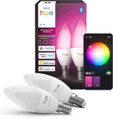 Philips hue led kaarslamp - e14 fitting - bevat 2 lampen - aanpasbaar wit en gekleurd licht - slimme verlichting