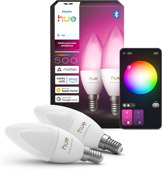 Philips hue led kaarslamp - e14 fitting - bevat 2 lampen - aanpasbaar wit en gekleurd licht - slimme verlichting