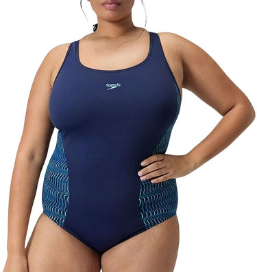 Speedo plus size placement medalist 1 piece dames sportbadpak - badpak dames grote maten - vormvast zwempak dames - sportbadpak dames met medalist-rug - marine blauw - 48